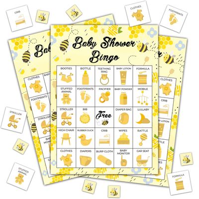 Disfuco Baby Shower Bingo - 24 Player Bee Themed Game for Adults and Gender Reveal Parties