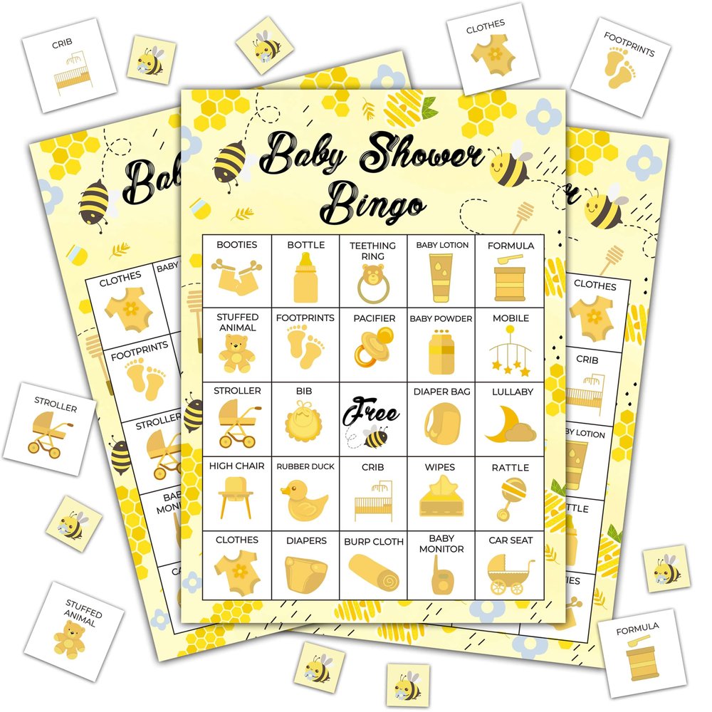 Disfuco Baby Shower Bingo - 24 Player Bee Themed Game for Adults and Gender Reveal Parties