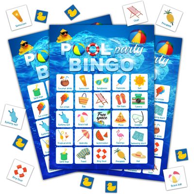 Disfuco Summer Bingo Game, Pool Party Games Cards for Adults, School, Birthday, Beach Favors Supplies Decorations, 24 Players (B03)