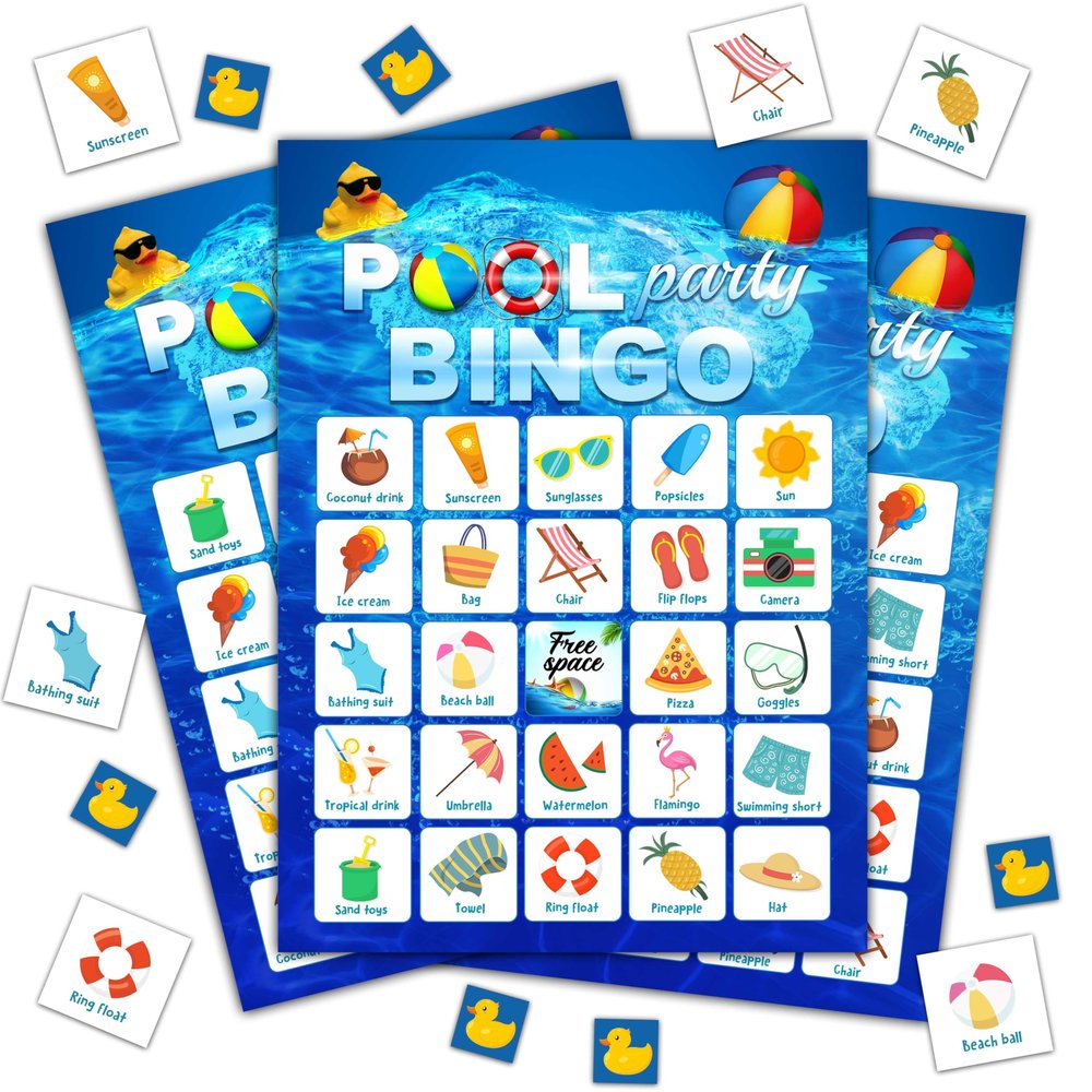 Disfuco Summer Bingo Game, Pool Party Games Cards for Adults, School, Birthday, Beach Favors Supplies Decorations, 24 Players (B03)