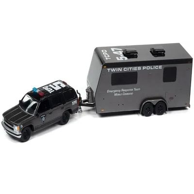 1997 Chevy Tahoe SWAT Custom Gray Metallic & Black w/Twin Cities Police Camper Trailer Limited Edition 9892 Worldwide Truck & Trailer Series 1/64 Diecast Model Car Johnny Lightning JLBT016-JLSP300A