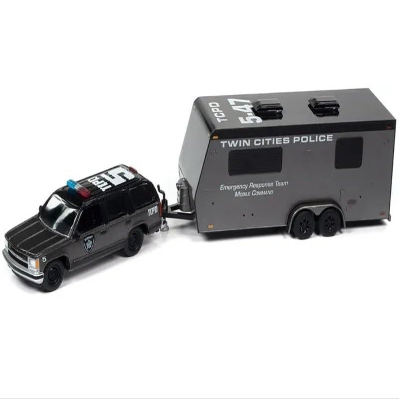 1997 Chevy Tahoe SWAT Custom Gray Metallic & Black w/Twin Cities Police Camper Trailer Limited Edition 9892 Worldwide Truck & Trailer Series 1/64 Diecast Model Car Johnny Lightning JLBT016-JLSP300A