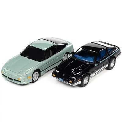 1985 300ZX Black with Silver Trim and Blue Stripes and 1990 240SX Silver Green Pearl with Black Stripes Import Heat Series Set of 2 Cars 1/64 Diecast Model Cars by Johnny Lightning JLPK018-JLSP286B