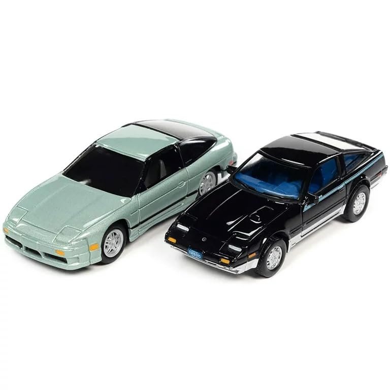 1985 300ZX Black with Silver Trim and Blue Stripes and 1990 240SX Silver Green Pearl with Black Stripes Import Heat Series Set of 2 Cars 1/64 Diecast Model Cars by Johnny Lightning JLPK018-JLSP286B