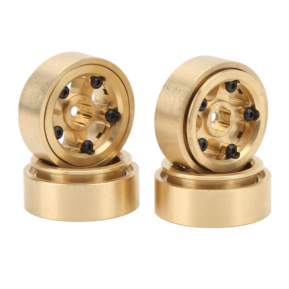 4Pcs 1.3 Inch Beadlock Wheel Rims for FMS FCX24 1/18 1/24 Scale Crawler Car, Aluminum Alloy Brass Weighted Wheel Hub, Easy to Install and Disassemble, Metal Beadlock Wheels Rims Replacement(Gold)