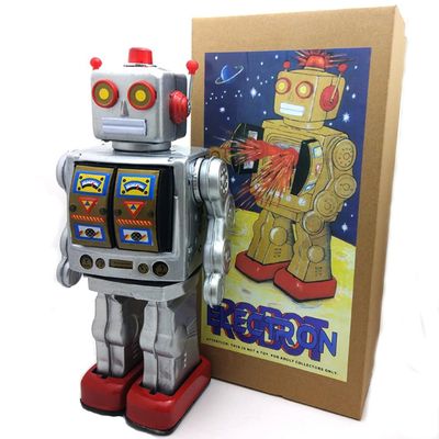 Charmgle Retro Tin Toys Walking Robot, Electric Rotating Desk Robot with Gun Fire Sound, Adult Collection Birthday Gifts Party Favor Handmade Robots Silver