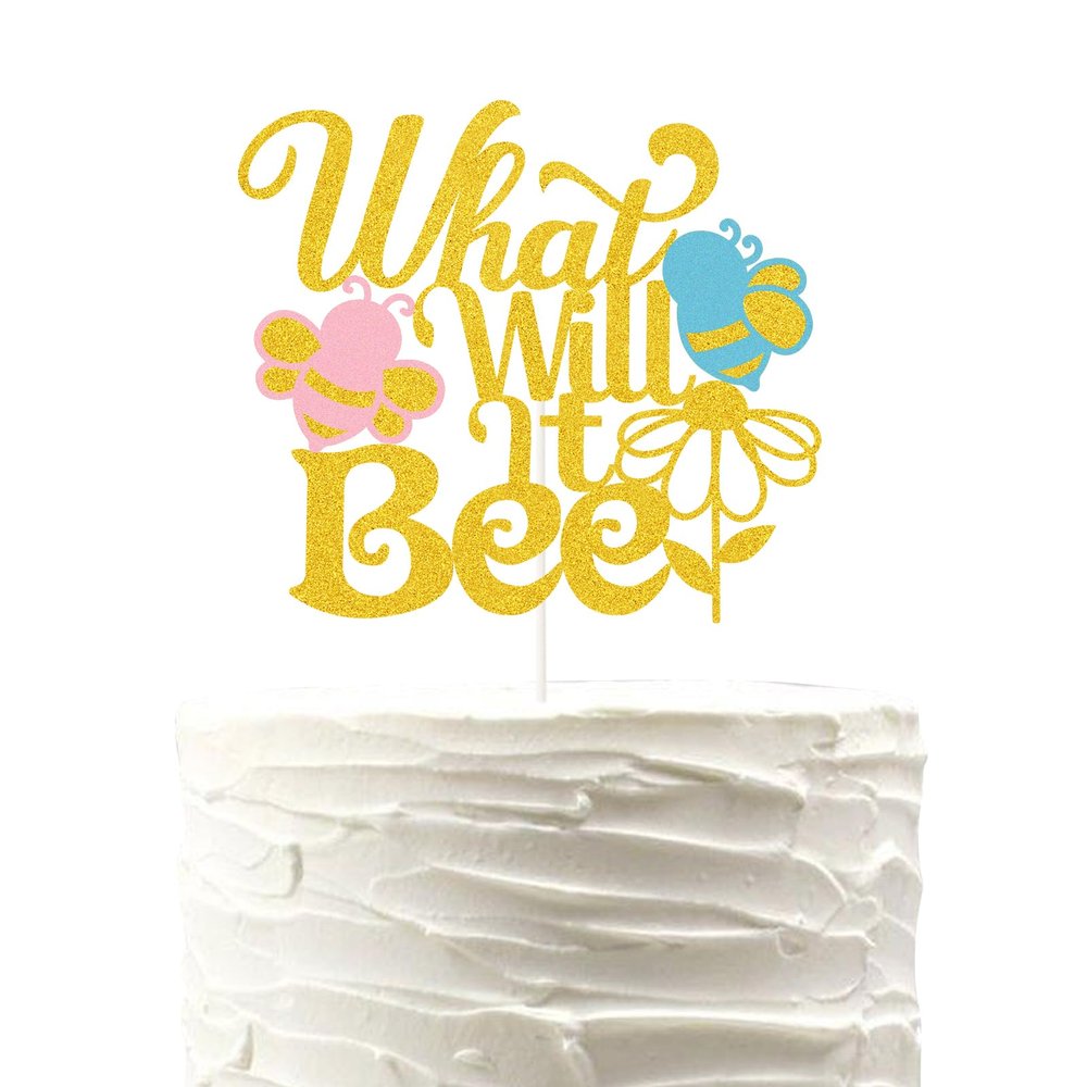 Gold Glitter What Will Baby Bee? Cake Topper for Gender Reveal Party,Bee Gender Reveal Baby Shower Party Decorations He or She,Boy or Girl Cake Topper.