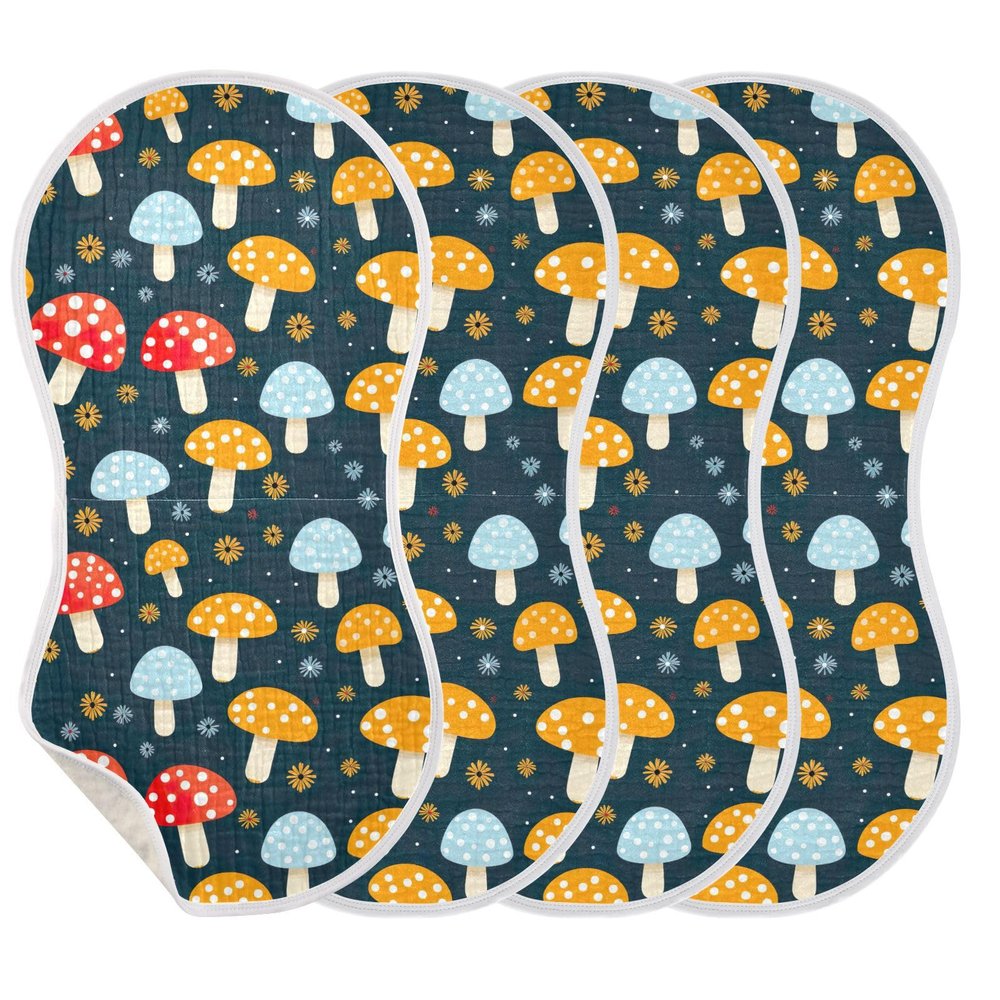 KEIGE 4Pcs Mushroom Burp Cloth,Unisex Large Absorbent Soft Cotton Muslin Burping Cloths for Newborn Boys Girls,11x22in,A111931