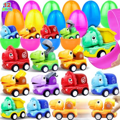 12 Pack 3.8" Jumbo Easter Eggs Filled with Dinosaur Pull Back Cars, Easter Eggs with Toys Inside Pull Back Construction Vehicles Kids Toddlers Boys Girls Easter Basket Stuffers Fillers Egg Hunt Gifts