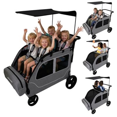 Germinate 4 Seater Wagon Stroller, Large Quad Wagon for 2 3 4 Kids Baby Toddler Child with Seats, All Terrain, Triple Stroller, Adjustable Push/Pull Handles, Removable Canopy (Dark Grey)
