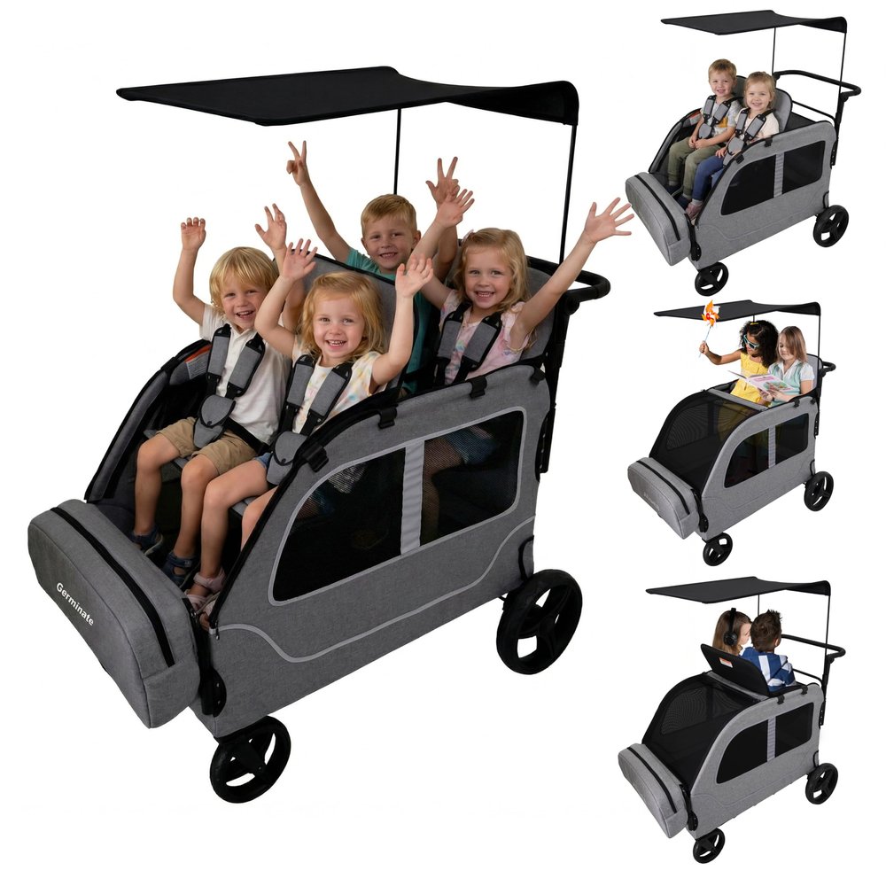 Germinate 4 Seater Wagon Stroller, Large Quad Wagon for 2 3 4 Kids Baby Toddler Child with Seats, All Terrain, Triple Stroller, Adjustable Push/Pull Handles, Removable Canopy (Dark Grey)