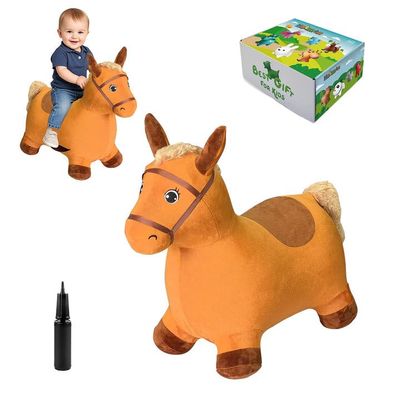 HotMax Brown Hopping Horse Toy, Removable Inflatable Plush Bouncy Horse for Toddlers, Outdoor Ride on Bouncy Farm Animals, Birthday Gift for 18 Months 2 3 4 Year Old Boy or Girl