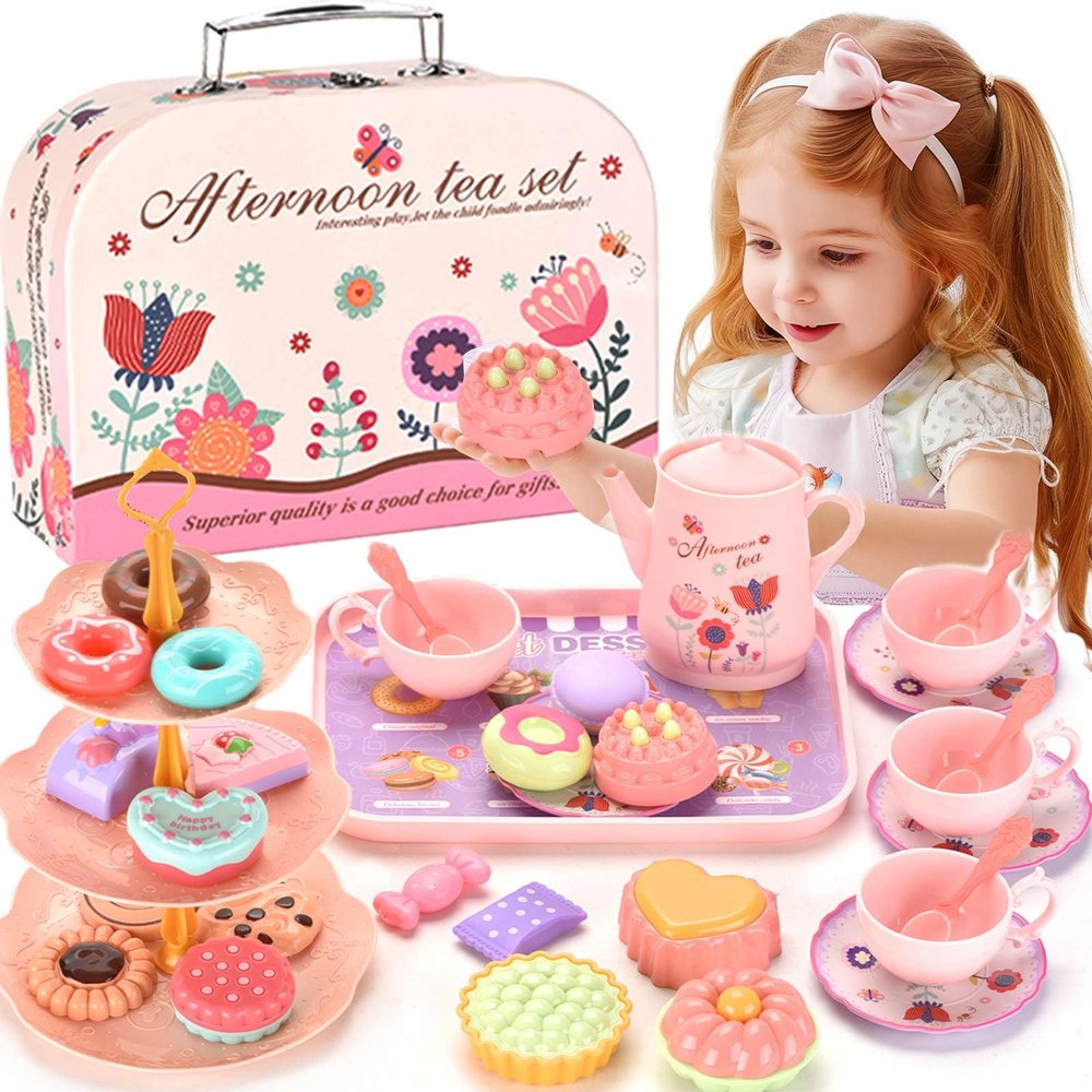 Lajeje Kids Plastic Tea Party Set for Toddlers & Girls Ages 3-8 Princess Pretend Play Kitchen Toy with Carrying Case, Teapot, Cups, Saucers, Dessert Toys & Tray | Gift for Little Girls Birthday