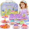 Lajeje Dinosaurs Tea Party Set for Little Girls, Pretend Plastic Teapot Set, Princess Tea Time Play Kitchen Toy with Dessert, Carrying Case for Birthday Easter Gifts Kids Toddlers Age 3 4 5 6 view 1