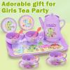 Lajeje Dinosaurs Tea Party Set for Little Girls, Pretend Plastic Teapot Set, Princess Tea Time Play Kitchen Toy with Dessert, Carrying Case for Birthday Easter Gifts Kids Toddlers Age 3 4 5 6 view 2