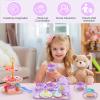 Lajeje Dinosaurs Tea Party Set for Little Girls, Pretend Plastic Teapot Set, Princess Tea Time Play Kitchen Toy with Dessert, Carrying Case for Birthday Easter Gifts Kids Toddlers Age 3 4 5 6 view 4
