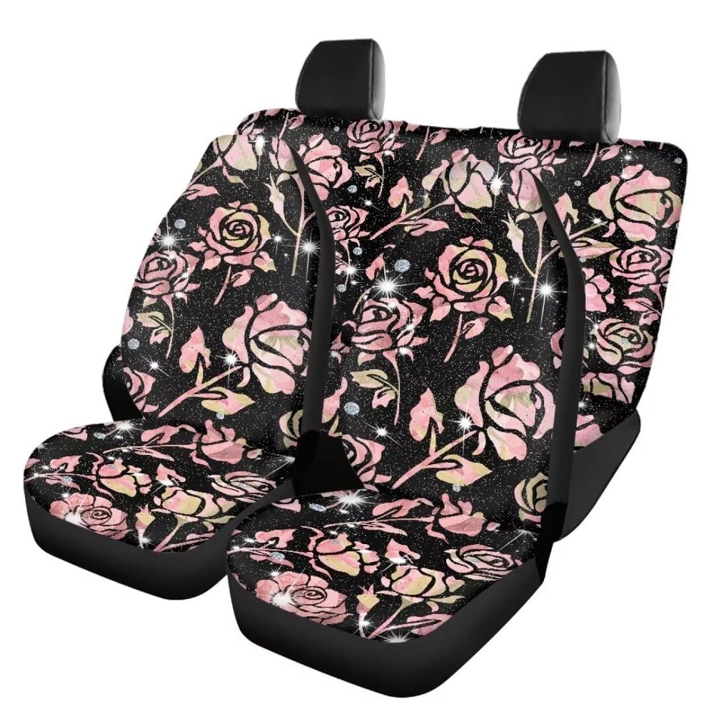 Beauty Collector Sparkly Rose Flower Front Seat Covers Rear Bench Cover, Seat Protection Cove Car Full Set, Car Front Seat Cushion for Pets Child Car Seat Protector