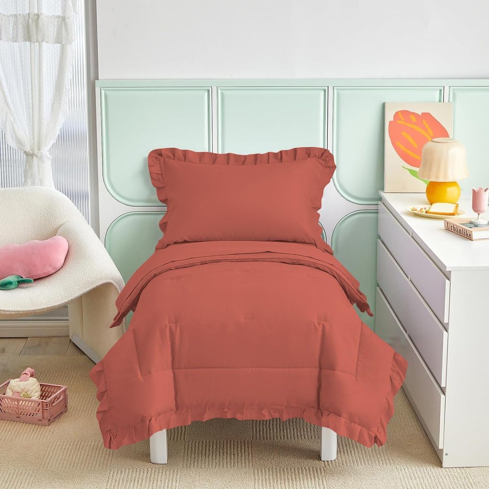 4 Pieces Super Soft Toddler Bedding Set with Ruffle Fringe, Solid Color Toddler Bed Set - 1 Toddler Comforter + 1 Fitted Sheet +1 Flat Sheet +1 Pillowcase for Baby Boys and Girls (Brick Red )