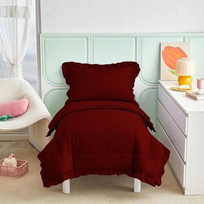 4 Pieces Super Soft Toddler Bedding Set with Ruffle Fringe, Solid Color Toddler Bed Set - 1 Toddler Comforter + 1 Fitted Sheet +1 Flat Sheet +1 Pillowcase for Baby Boys and Girls (Burgundy)