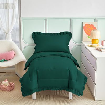 4 Pieces Super Soft Toddler Bedding Set with Ruffle Fringe, Solid Color Toddler Bed Set - 1 Toddler Comforter + 1 Fitted Sheet +1 Flat Sheet +1 Pillowcase for Baby Boys and Girls (Teal Green)