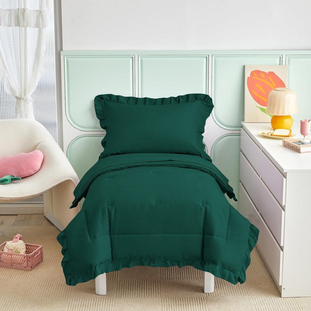 4 Pieces Super Soft Toddler Bedding Set with Ruffle Fringe, Solid Color Toddler Bed Set - 1 Toddler Comforter + 1 Fitted Sheet +1 Flat Sheet +1 Pillowcase for Baby Boys and Girls (Teal Green)