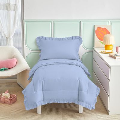4 Pieces Super Soft Toddler Bedding Set with Ruffle Fringe, Solid Color Toddler Bed Set - 1 Toddler Comforter + 1 Fitted Sheet +1 Flat Sheet +1 Pillowcase for Baby Boys and Girls (Light Blue)