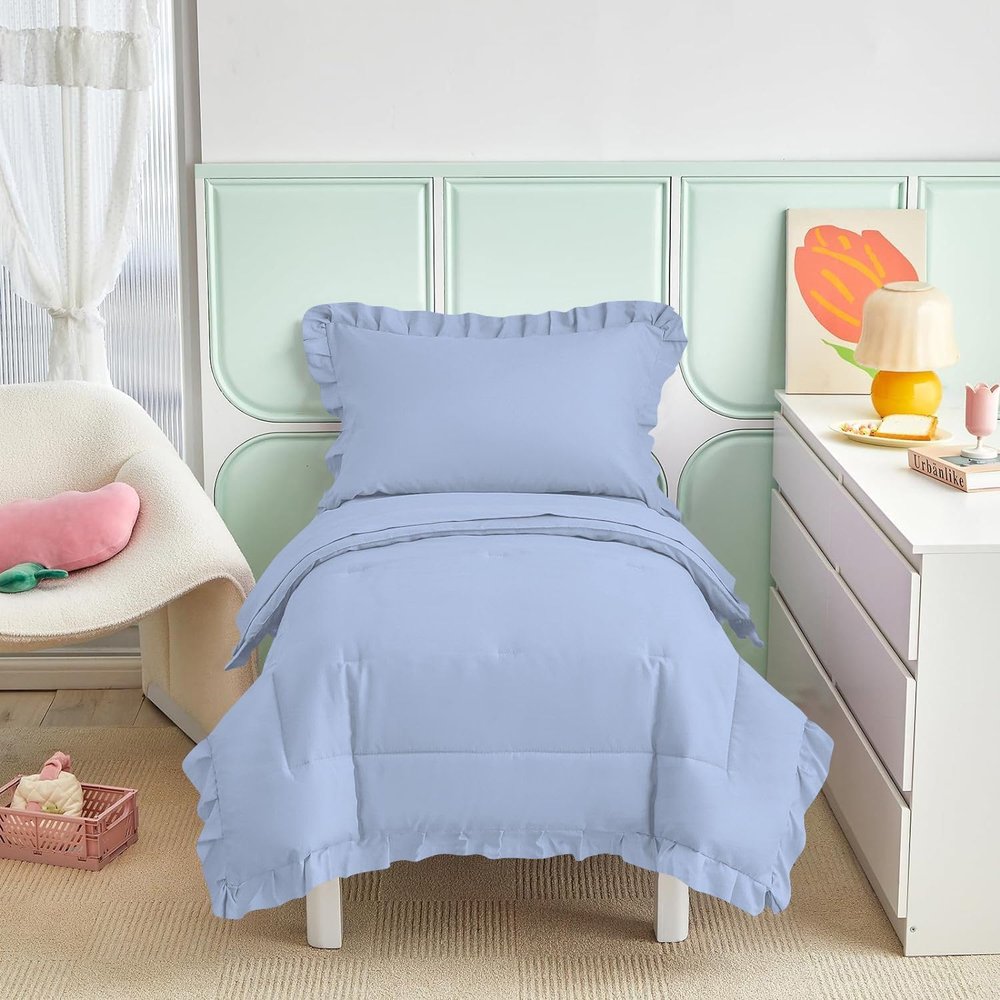 4 Pieces Super Soft Toddler Bedding Set with Ruffle Fringe, Solid Color Toddler Bed Set - 1 Toddler Comforter + 1 Fitted Sheet +1 Flat Sheet +1 Pillowcase for Baby Boys and Girls (Light Blue)