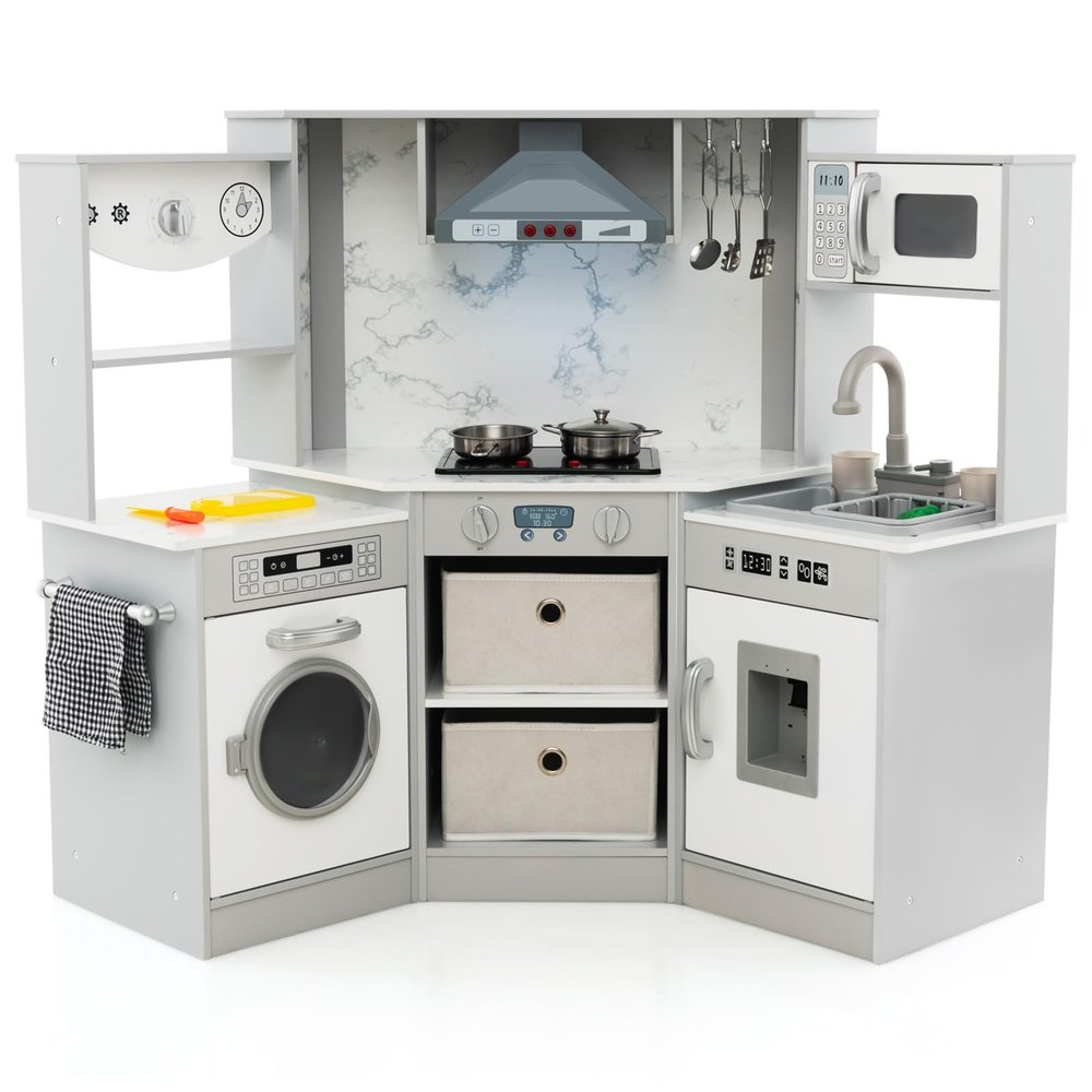 Costzon Corner Play Kitchen, Wooden Toddler Kitchen Playset w/Lights and Sounds, Water Circulation System, Washing Machine,Accessories, Kids Kitchen Playset for Boys,Girls (Grey)