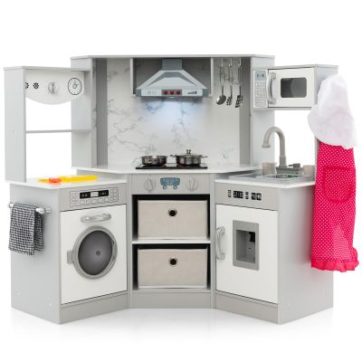 HONEY JOY Corner Kids Kitchen Playset, Wooden Play Kitchen for Toddlers, Range Hood, Water Circulation, Water Dispenser, Storage Box, Little Chef Pretend Toy Kitchen Set w/Lights & Sounds, Gray