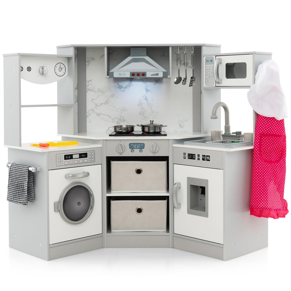 HONEY JOY Corner Kids Kitchen Playset, Wooden Play Kitchen for Toddlers, Range Hood, Water Circulation, Water Dispenser, Storage Box, Little Chef Pretend Toy Kitchen Set w/Lights & Sounds, Gray