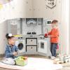 HONEY JOY Corner Kids Kitchen Playset, Wooden Play Kitchen for Toddlers, Range Hood, Water Circulation, Water Dispenser, Storage Box, Little Chef Pretend Toy Kitchen Set w/Lights & Sounds, Gray view 2