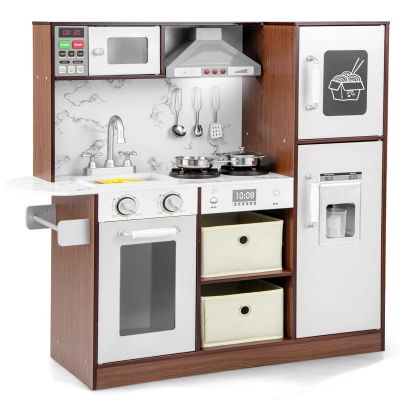 HONEY JOY Kids Kitchen Playset, Wooden Little Chef Pretend Play Toy Kitchen Set, Range Hood & Microwave with Lights, Water Dispenser, Fabric Drawer, Play Kitchen for Toddler Boys Girls, Coffee