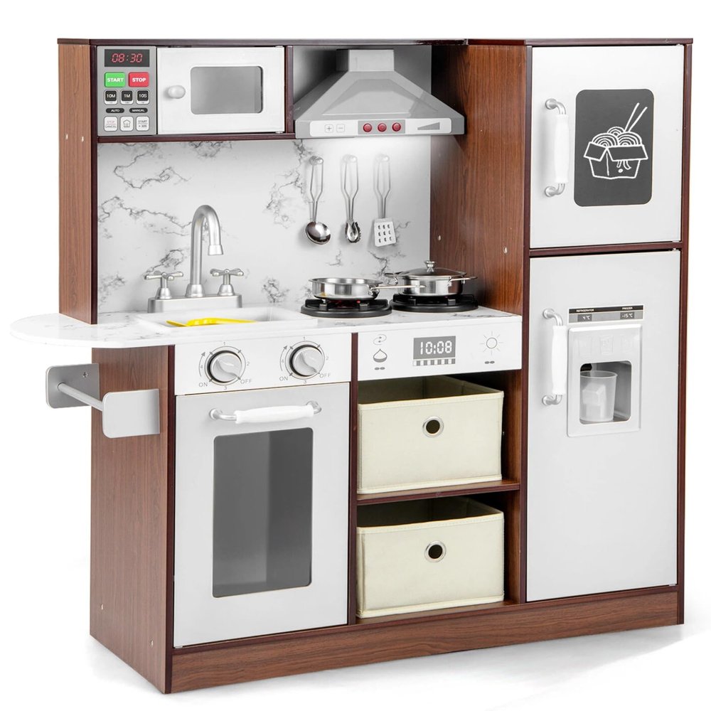 HONEY JOY Kids Kitchen Playset, Wooden Little Chef Pretend Play Toy Kitchen Set, Range Hood & Microwave with Lights, Water Dispenser, Fabric Drawer, Play Kitchen for Toddler Boys Girls, Coffee