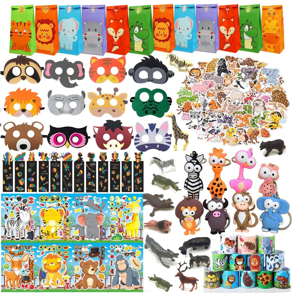 158 pcs Safari Party Favors for 12 kids Jungle Safari Birthday Party Supplies, Wild Animal Goodie Bags ,Safari Birthday Decorations Gift Bag Fillers Pinata Stuffers, Wild Animals Themed Party Toys