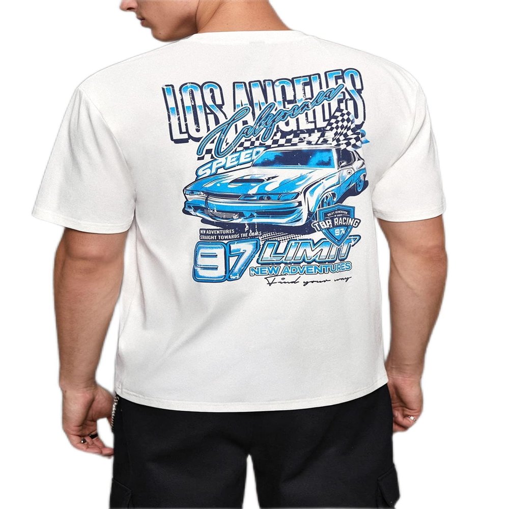 1pc Car & Letter Graphic Tee (Color : White, Size : Medium)