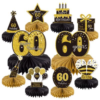 10PCS 60th Birthday Decorations Centerpieces for Table Decorations, Gold Black Happy 60th Birthday Honeycomb Table Topper Birthday Party Decoration for Men (Gold & Black, 60 Years)