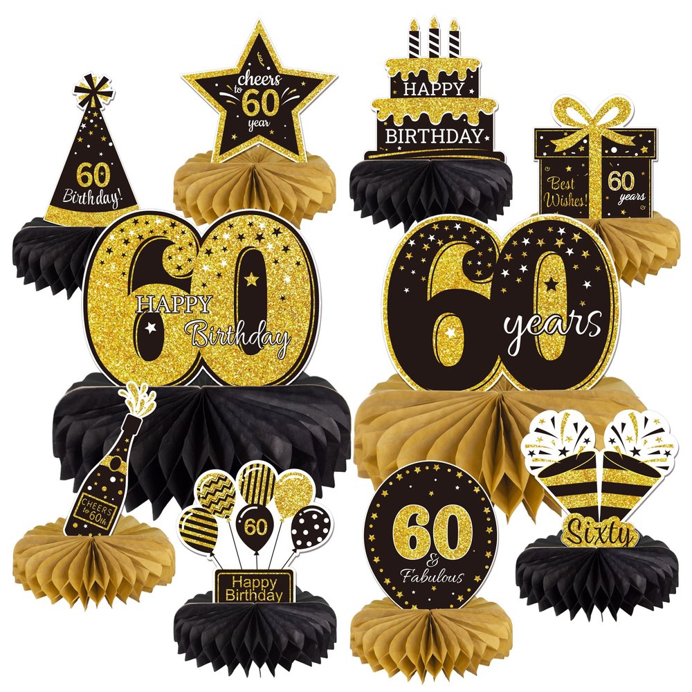 10PCS 60th Birthday Decorations Centerpieces for Table Decorations, Gold Black Happy 60th Birthday Honeycomb Table Topper Birthday Party Decoration for Men (Gold & Black, 60 Years)