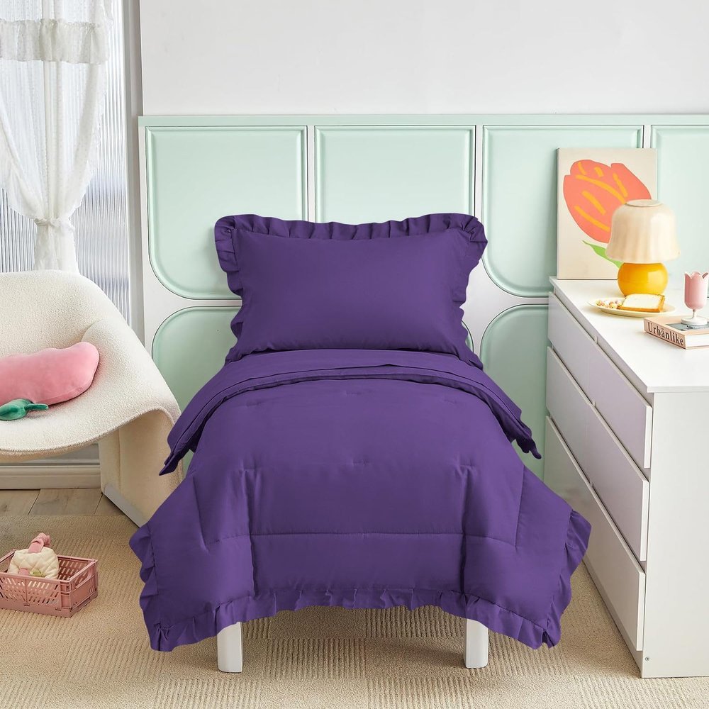 4 Piece Purple Toddler Bedding Set with Ruffle - 100% Egyptian Cotton, Toddler Bed - 1 Toddler Comforter + 1 Fitted Sheet 6" Drop + 1 Flat Sheet +1 Pillowcase for Baby Boys and Girls