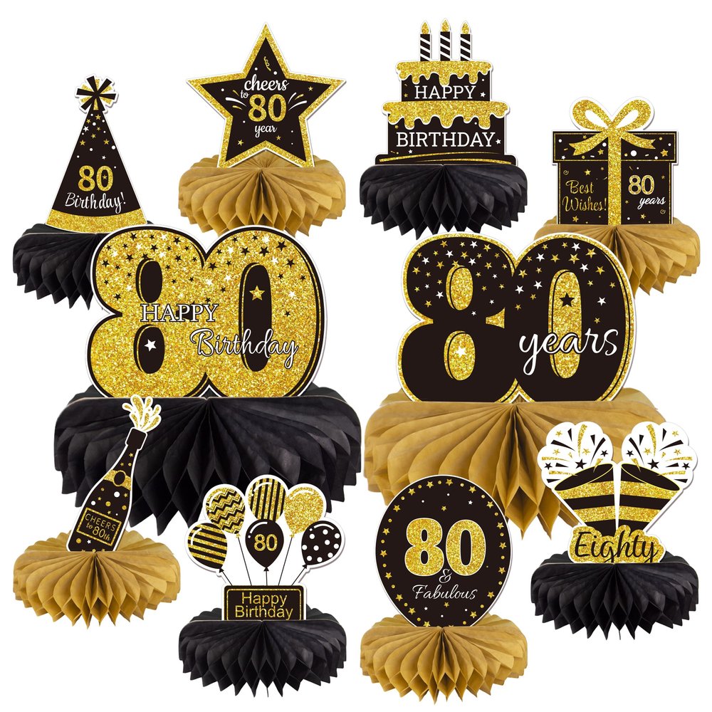 10PCS 80th Birthday Decorations Centerpieces for Table Decorations,Gold Black Happy 80th Birthday Honeycomb Table Topper Birthday Party Decoration for Men (Gold & Black, 80 Years)