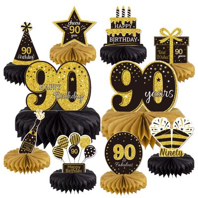 10PCS 90th Birthday Decorations Centerpieces for Table Decorations,Gold Black Happy 90th Birthday Honeycomb Table Topper Birthday Party Decoration for Men (Gold & Black, 90 Years)