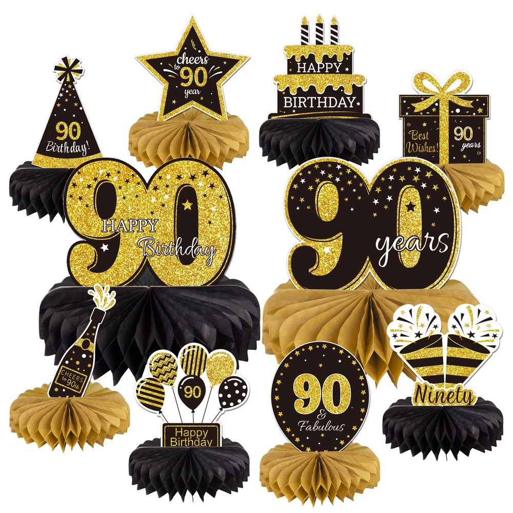 10PCS 90th Birthday Decorations Centerpieces for Table Decorations,Gold Black Happy 90th Birthday Honeycomb Table Topper Birthday Party Decoration for Men (Gold & Black, 90 Years)