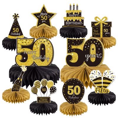 10PCS 50th Birthday Decorations Centerpieces for Table Decorations,Gold Black Happy 50th Birthday Honeycomb Table Topper Birthday Party Decoration for Men (Gold & Black, 50 Years)