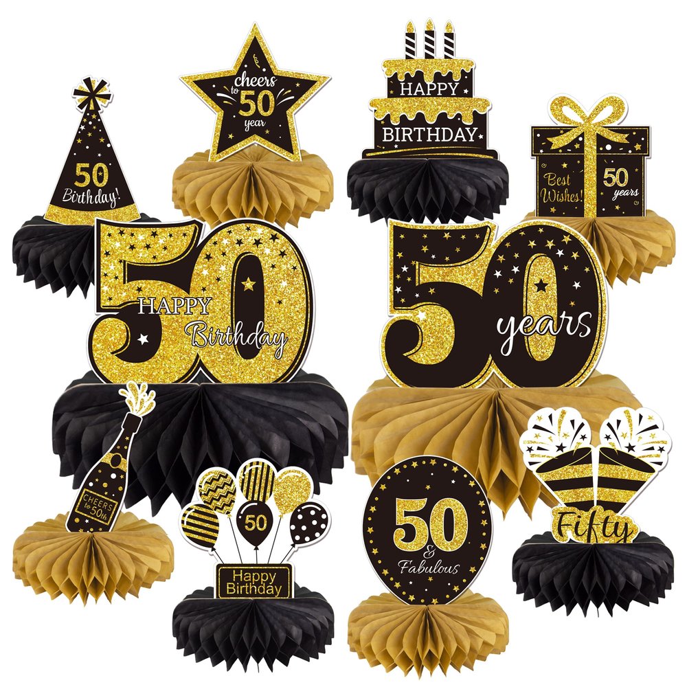 10PCS 50th Birthday Decorations Centerpieces for Table Decorations,Gold Black Happy 50th Birthday Honeycomb Table Topper Birthday Party Decoration for Men (Gold & Black, 50 Years)