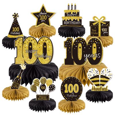 10PCS 100th Birthday Decorations Centerpieces for Table Decorations,Gold Black Happy 100th Birthday Honeycomb Table Topper Birthday Party Decoration for Men (Gold & Black, 100 Years)