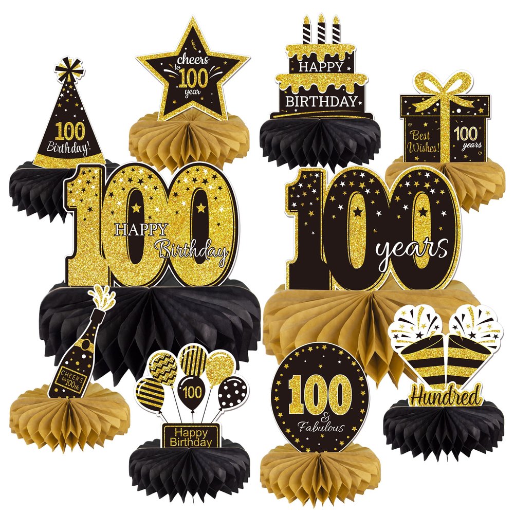 10PCS 100th Birthday Decorations Centerpieces for Table Decorations,Gold Black Happy 100th Birthday Honeycomb Table Topper Birthday Party Decoration for Men (Gold & Black, 100 Years)