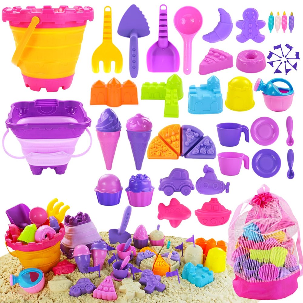 Elovien Beach Sand Toys, 50Pcs Sandbox Toys with 2 Collapsible Buckets, Mesh Backpack Bag, Shovels, Ice Cream, Cake & Castle Sand Molds, Summer Outdoor Travel Toys for Kids Toddlers Girls