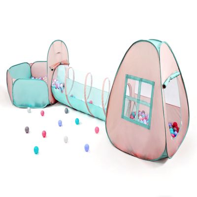 3 in 1 Pop Up Kids Play Tent with Tunnel and Ball Pit for Kids, Boys, Girls, Babies and Toddlers, Indoor/Outdoor Playhouse,Orange Pink/Light Green