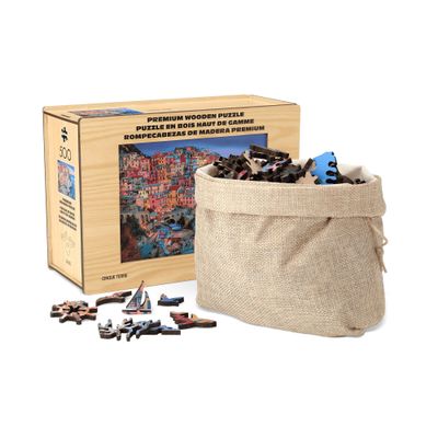 Buffalo Games - 500 Piece Wooden Jigsaw Puzzle - Cinque Terre - Unique Cut Pieces - Wooden Box - Full Size Poster, Ages 14