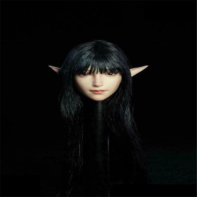 1/6 Scale Beauty Elf Girl Pale Skin Planted Hair Head Sculpt Carved for 12inch Action Figure Body Collection (Long Black Hair)