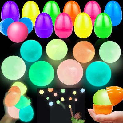 12 Pack 3" Large Filled Easter Eggs Glow in The Dark Sticky Ceiling Ball Easter Basket Stuffers Essential Stress Relief Fidget Toys Easter Eggs Hunt Party Favor Gifts for Kids Boys Girls Toddler